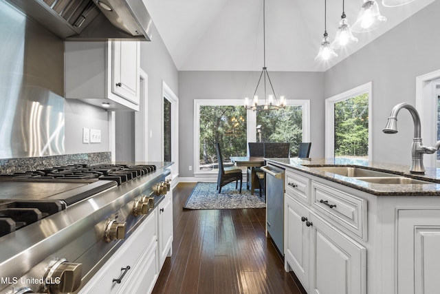 kitchen with dark wood-type flooring, an inviting chandelier, range hood, stainless steel appliances, and a sink