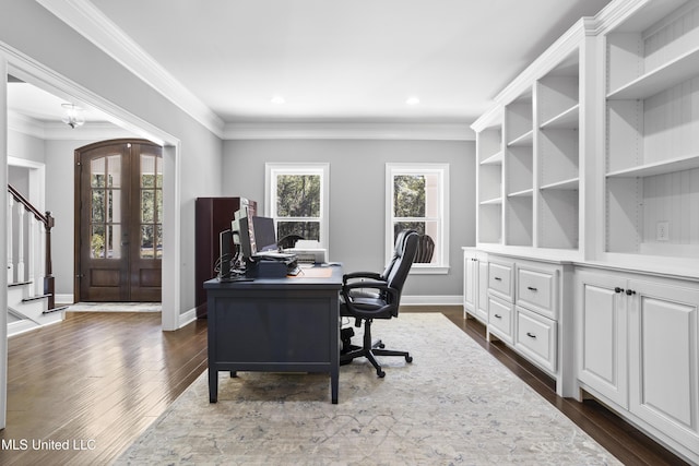 office area featuring ornamental molding, dark wood finished floors, and baseboards