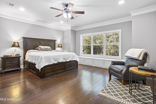 bedroom featuring dark wood-style floors, recessed lighting, visible vents, and crown molding