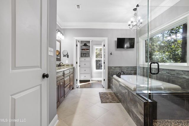 full bath featuring visible vents, crown molding, vanity, and a bath