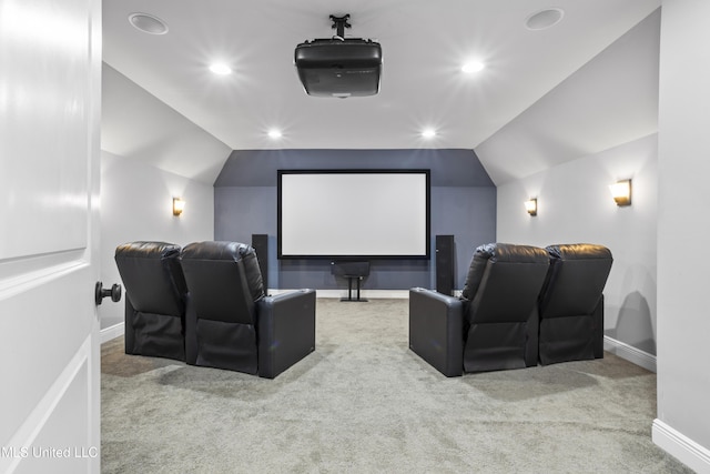 cinema featuring lofted ceiling, baseboards, carpet flooring, and recessed lighting