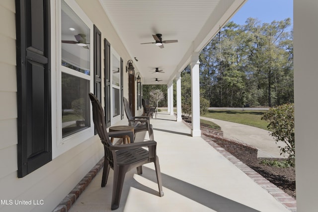 view of patio / terrace with a ceiling fan and covered porch