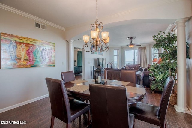 2230 Beach Dr Unit 808, Gulfport, MS 39507 - dining space featuring crown molding, visible vents, decorative columns, baseboards, and ceiling fan with notable chandelier