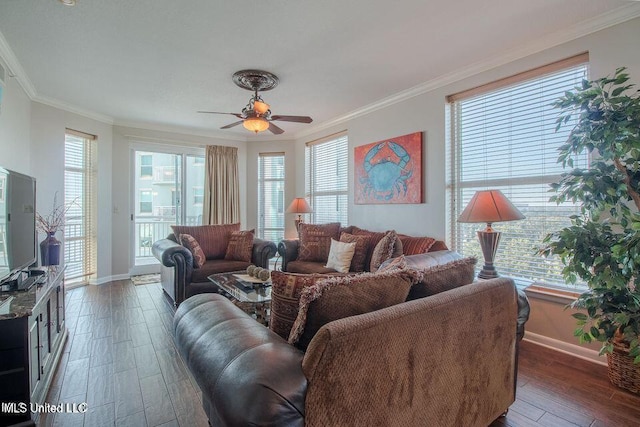 2230 Beach Dr Unit 808, Gulfport, MS 39507 - living area with crown molding, baseboards, a ceiling fan, and wood finished floors