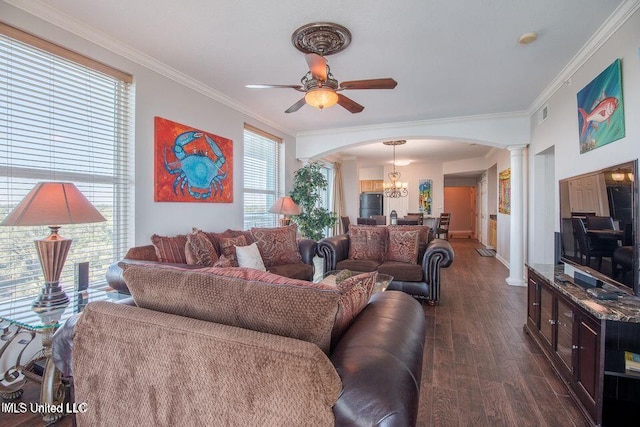 2230 Beach Dr Unit 808, Gulfport, MS 39507 - living area featuring decorative columns, arched walkways, baseboards, ceiling fan with notable chandelier, and dark wood-type flooring