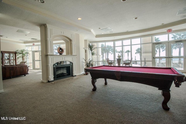 2230 Beach Dr Unit 808, Gulfport, MS 39507 - game room with crown molding, billiards, carpet, and a fireplace with flush hearth