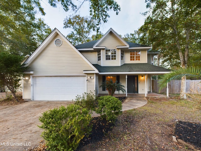 view of front facade with covered porch and a garage