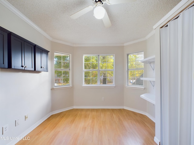 interior space with light hardwood / wood-style floors, ornamental molding, and a textured ceiling