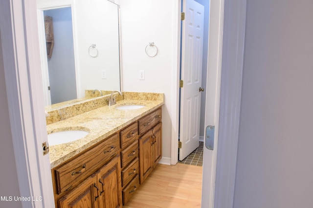 bathroom with hardwood / wood-style floors and vanity