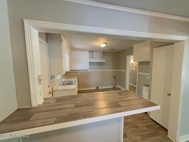 kitchen featuring a sink, wall chimney exhaust hood, white cabinets, and wood finished floors