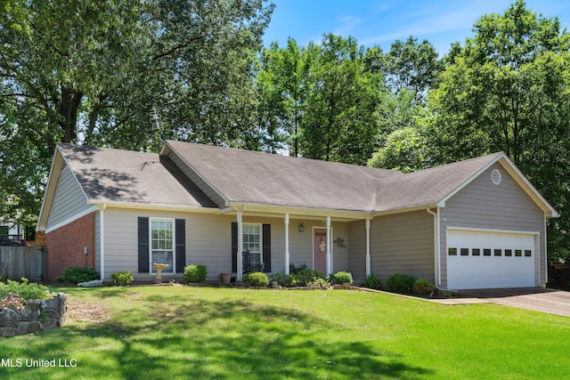 453 Cherry Tree Ln, Southaven, MS 38671 - single story home with a garage, concrete driveway, a front yard, a porch, and a shingled roof