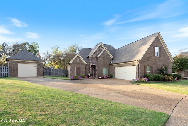 view of front of home with a front yard and a garage