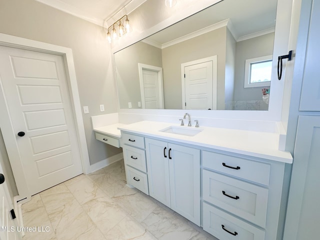 bathroom with ornamental molding, marble finish floor, vanity, and baseboards