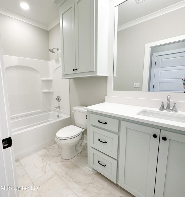 full bathroom with toilet, vanity, marble finish floor, ornamental molding, and shower / washtub combination