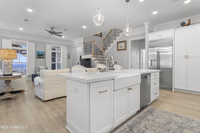 kitchen with appliances with stainless steel finishes, a sink, light wood-style flooring, and ornamental molding