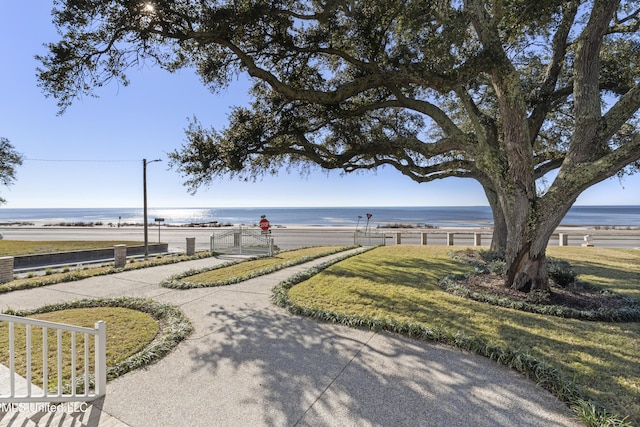 view of property's community featuring a water view and a lawn