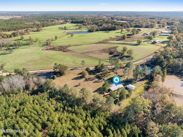 aerial view featuring a rural view and a water view