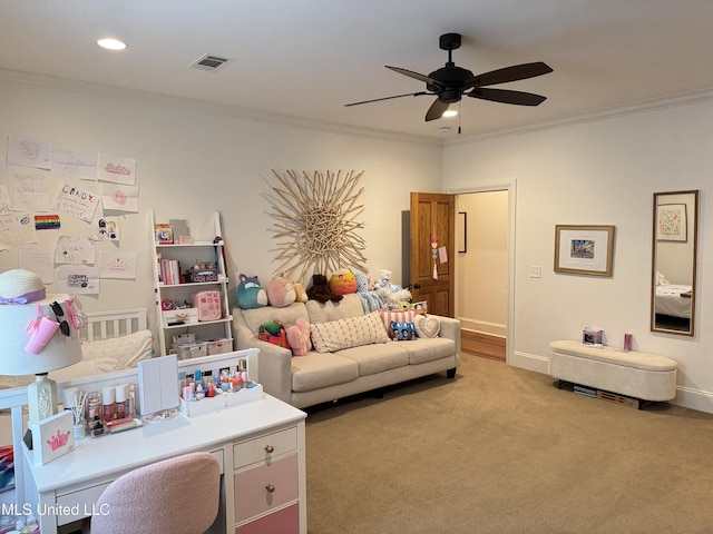 202 Eastpark St, Ridgeland, MS 39157 - living room featuring ceiling fan, crown molding, carpet flooring, baseboards, and recessed lighting