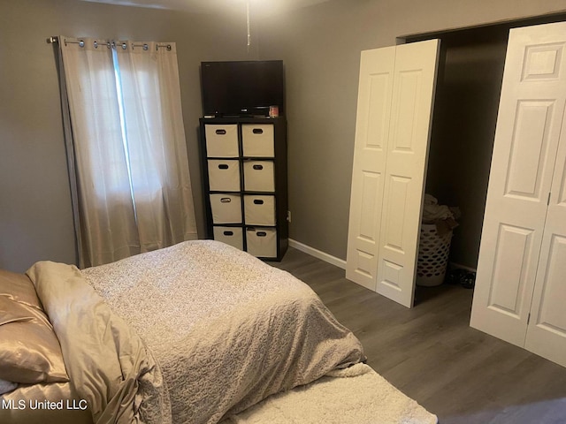 bedroom featuring a closet and dark hardwood / wood-style floors