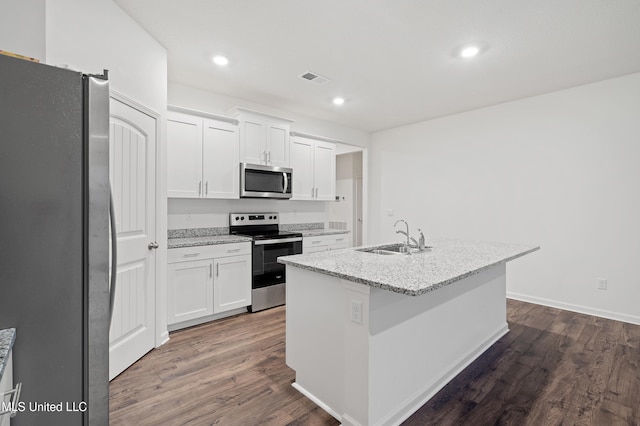 kitchen featuring stainless steel appliances, sink, a center island with sink, and white cabinets