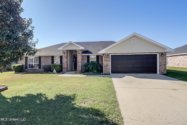 ranch-style home with a garage and a front lawn