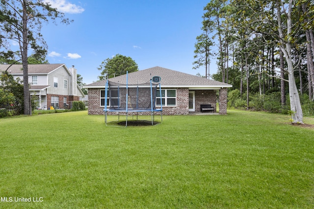 back of property with a trampoline and a lawn