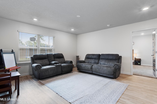 living room with a textured ceiling and light wood-type flooring