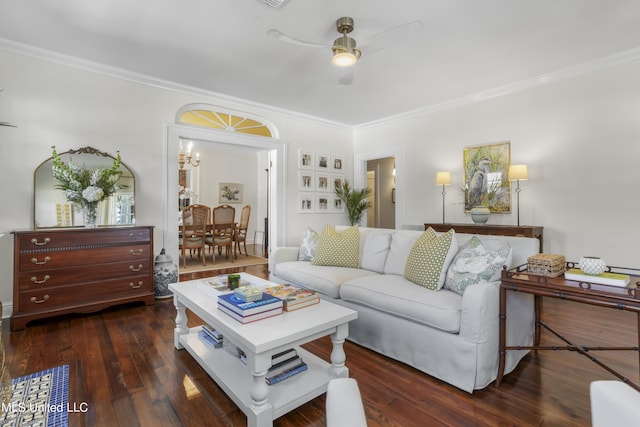 living room with ceiling fan, dark wood-style floors, and ornamental molding