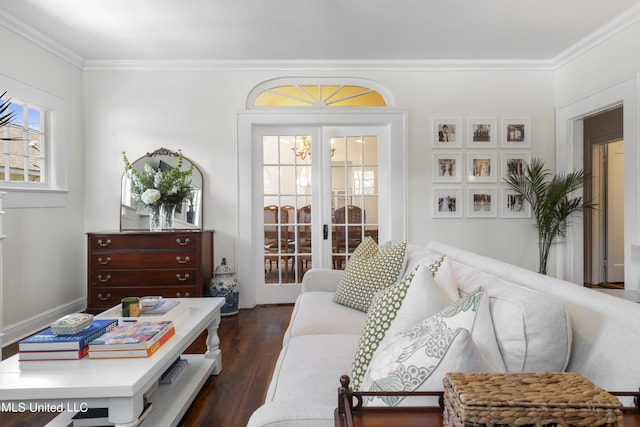 living area featuring crown molding and dark wood-style floors