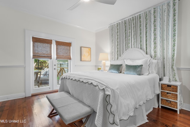 bedroom with ornamental molding, access to exterior, wood-type flooring, and ceiling fan