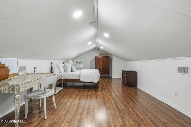 bedroom featuring baseboards, visible vents, wood finished floors, and lofted ceiling