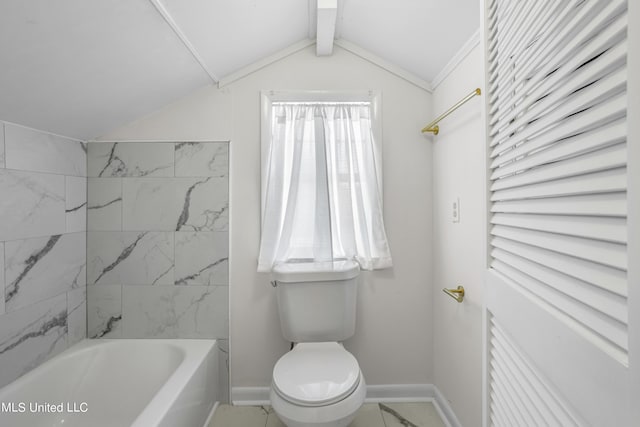 full bath with vaulted ceiling, shower / tub combination, baseboards, toilet, and marble finish floor