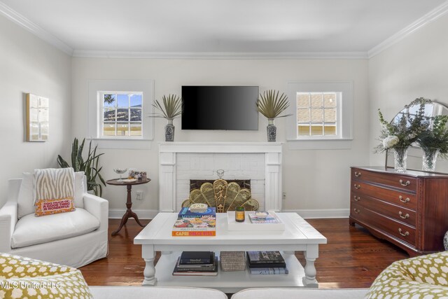 living room featuring crown molding, baseboards, dark wood finished floors, and a fireplace