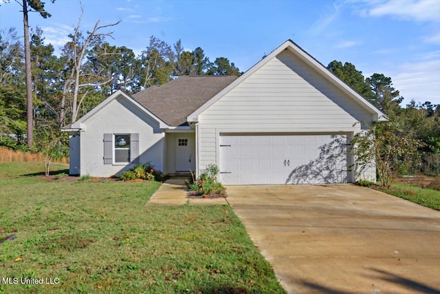 ranch-style house with a garage and a front yard