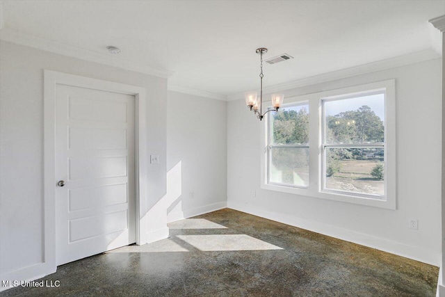 unfurnished dining area featuring crown molding, dark carpet, and a notable chandelier