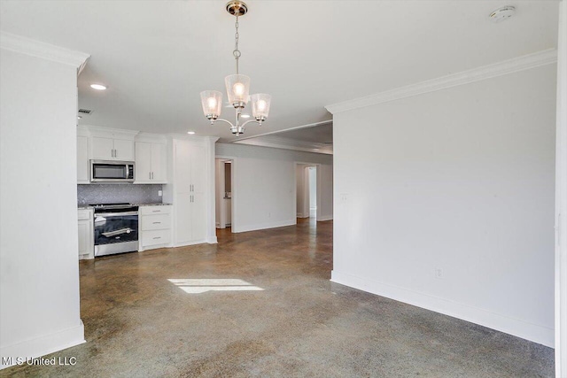 unfurnished living room featuring an inviting chandelier and ornamental molding