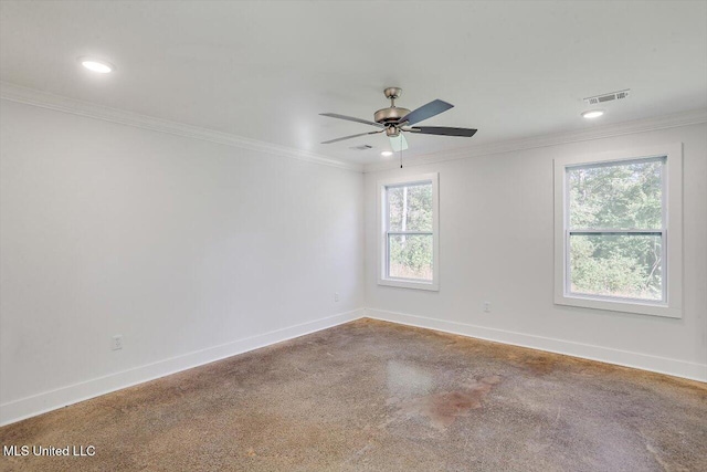 unfurnished room with plenty of natural light, carpet, and ornamental molding