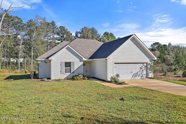 ranch-style house with a front lawn and a garage