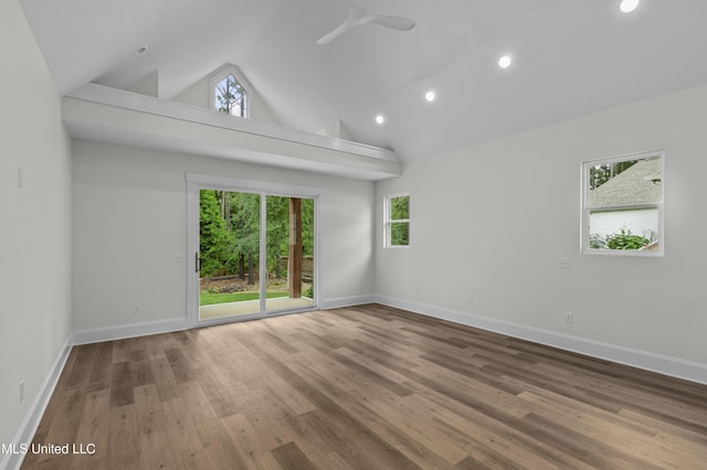 104 Westlake Cir W, Madison, MS 39110 - empty room featuring wood finished floors, a ceiling fan, high vaulted ceiling, and recessed lighting