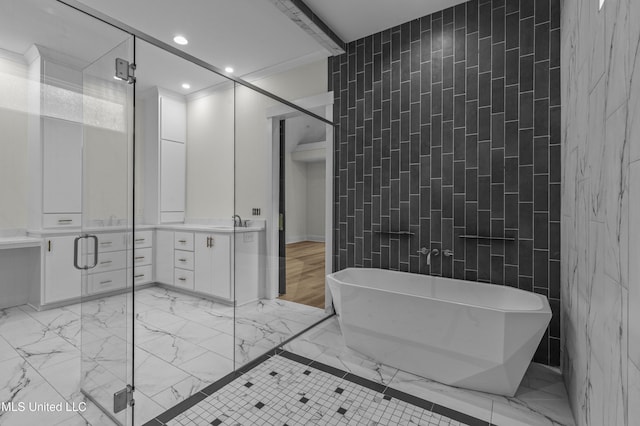 104 Westlake Cir W, Madison, MS 39110 - full bath with a freestanding tub, vanity, recessed lighting, a shower stall, and marble finish flooring
