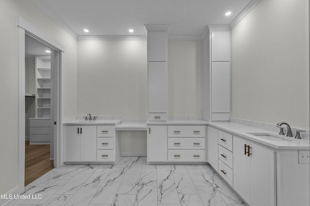 104 Westlake Cir W, Madison, MS 39110 - bathroom with vanity, marble finish floors, ornamental molding, and recessed lighting