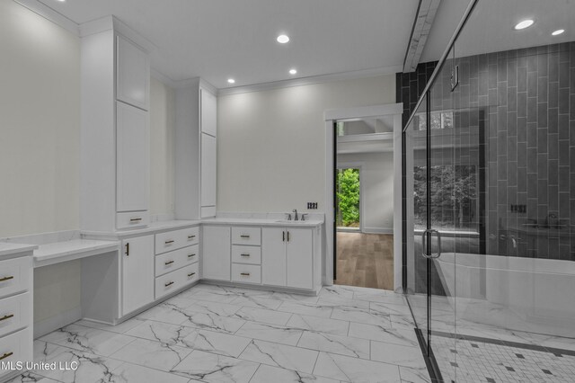 104 Westlake Cir W, Madison, MS 39110 - bathroom featuring vanity, a shower stall, recessed lighting, and marble look tiles