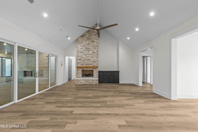 104 Westlake Cir W, Madison, MS 39110 - unfurnished living room with a fireplace, high vaulted ceiling, ceiling fan, wood finished floors, and recessed lighting