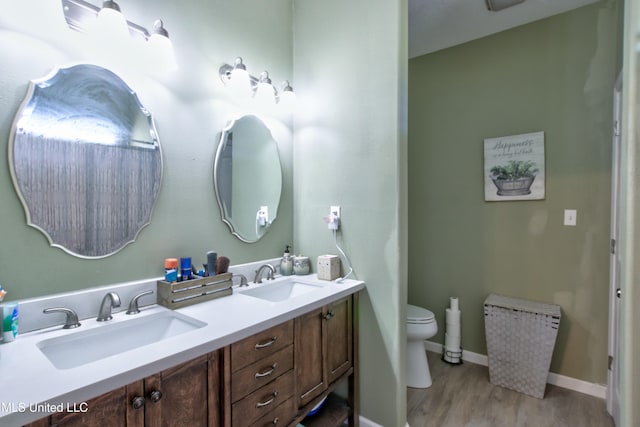 bathroom featuring toilet, vanity, and wood-type flooring