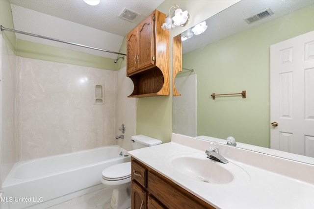 bathroom with toilet, shower / tub combination, visible vents, and vanity