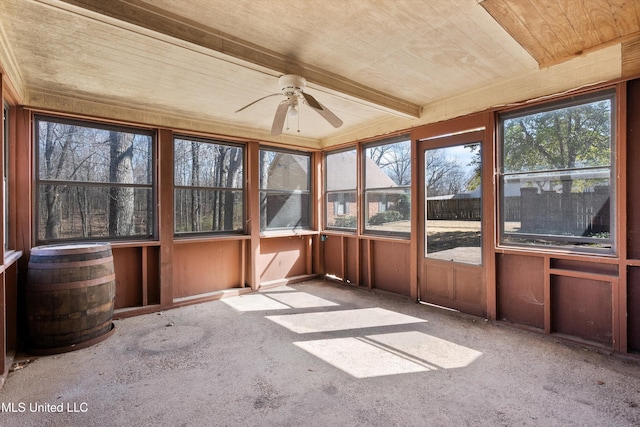 unfurnished sunroom with wood ceiling and a ceiling fan