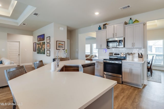 kitchen featuring appliances with stainless steel finishes, tasteful backsplash, sink, plenty of natural light, and a center island with sink