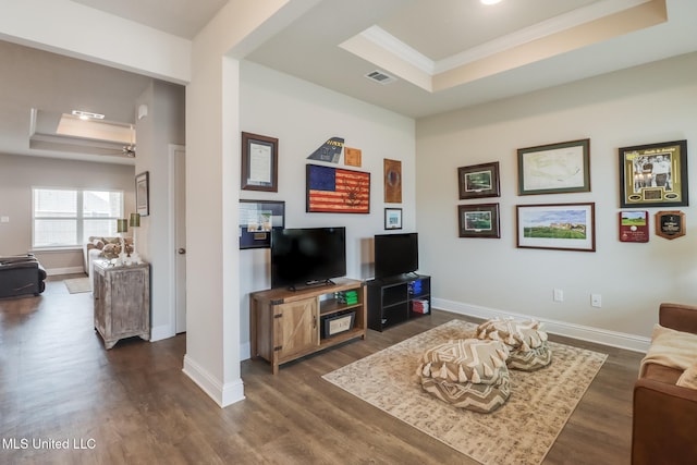 living room featuring crown molding, dark wood-type flooring, and a raised ceiling