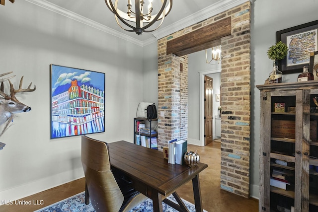 office with a notable chandelier and ornamental molding