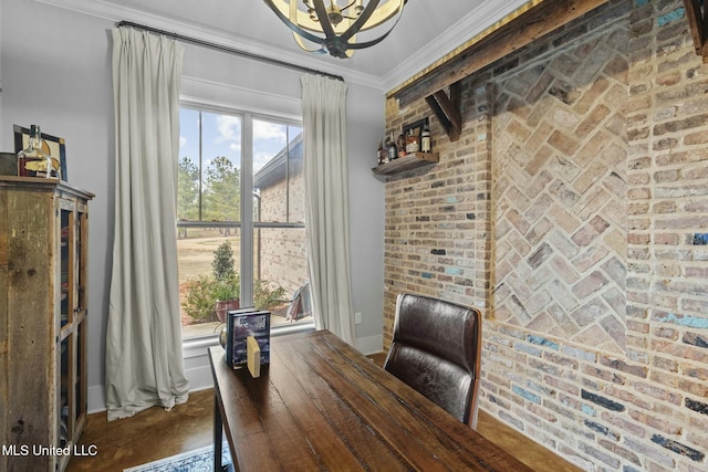 unfurnished office featuring crown molding and brick wall